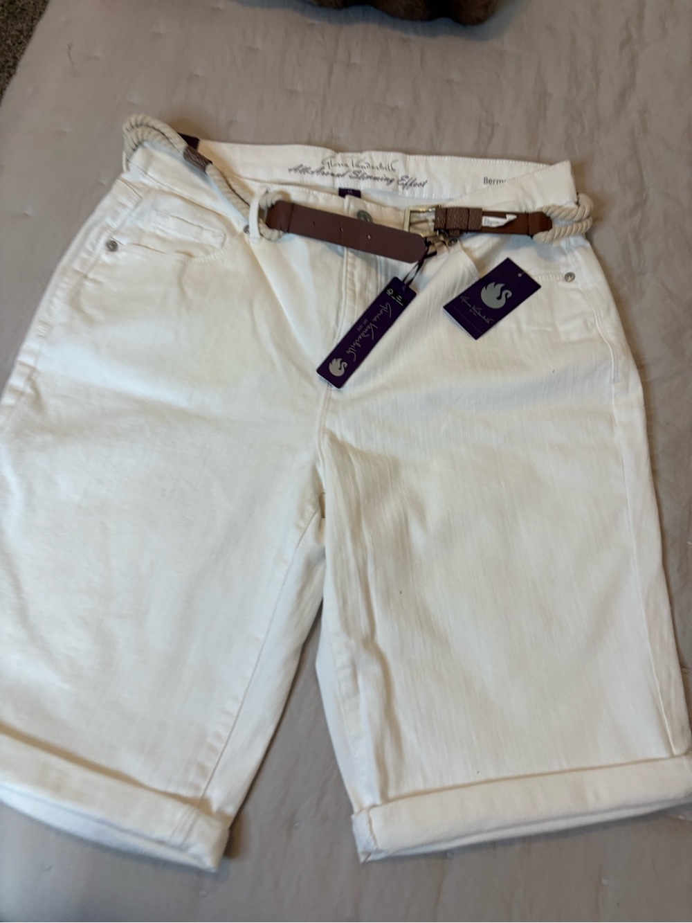 Gloria Vanderbilt Cream Bermuda Shorts with Brown Rope Belt